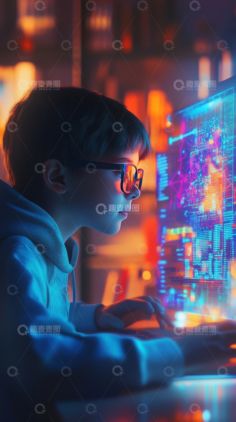 高清大图下载【趣麦麦图】少年专注屏幕，沉浸科技世界