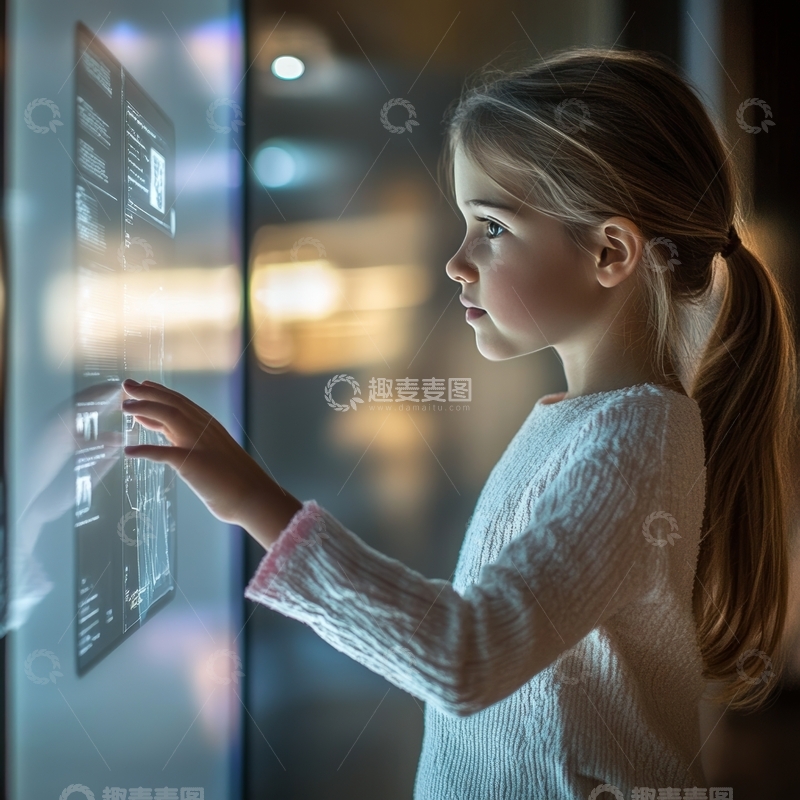 高清大图下载【趣麦麦图】小女孩专注触摸屏幕