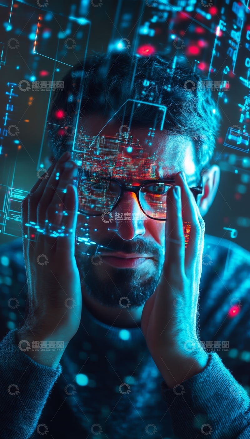 高清大图下载【趣麦麦图】科技背景下的沉思男子