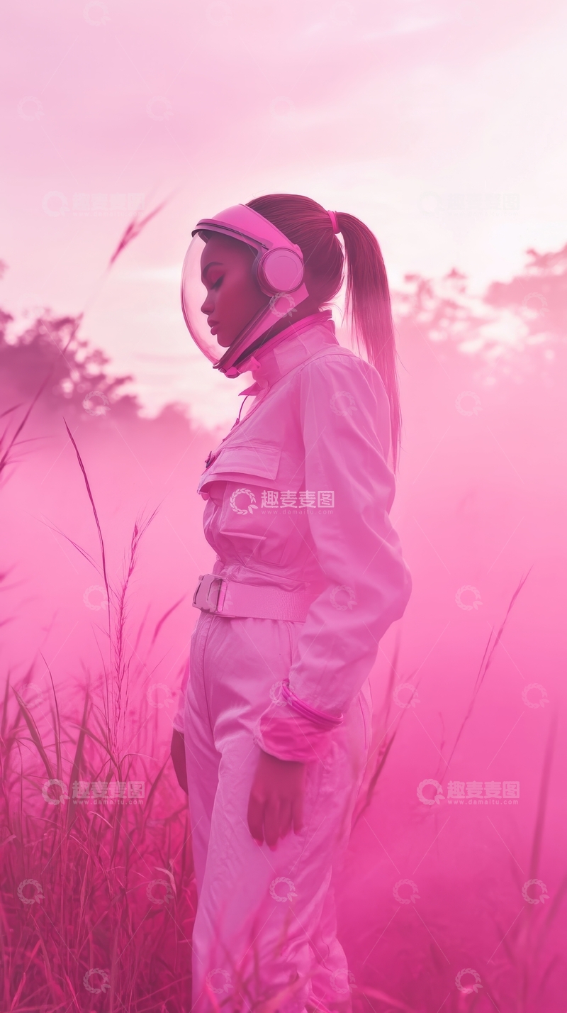 高清大图下载【趣麦麦图】粉色烟雾中身穿防护服的女性