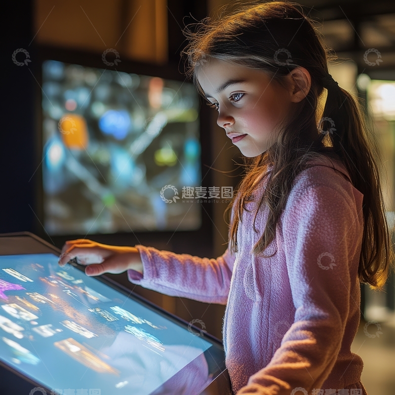 高清大图下载【趣麦麦图】小女孩在互动触摸屏前探索