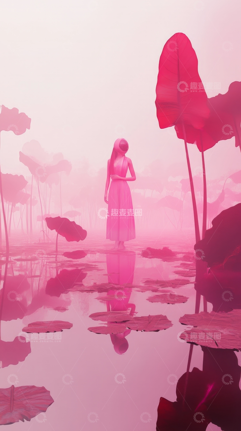 粉红梦境中的女子与莲花
