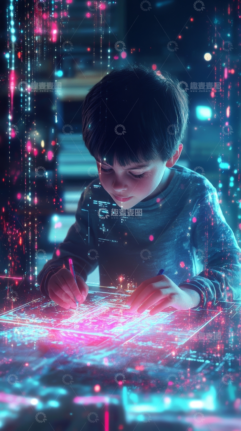 高清大图下载【趣麦麦图】未来科技中专注绘图的少年