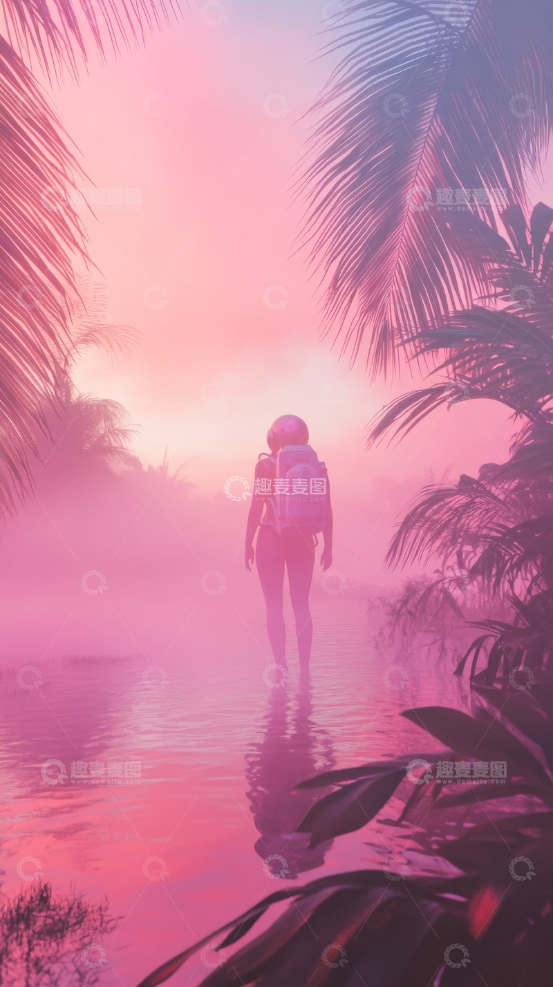 高清大图下载【趣麦麦图】雾中漫步的背包客