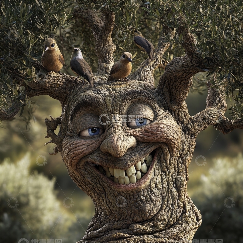 树精与小鸟的和谐场景