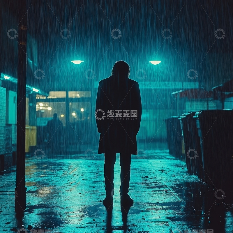 高清大图下载【趣麦麦图】雨夜中孤独站立的男子