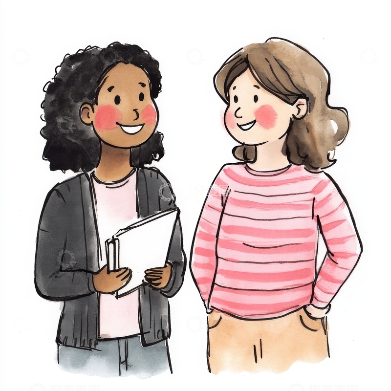 高清大图下载【趣麦麦图】两位女性交谈，一人手持文件