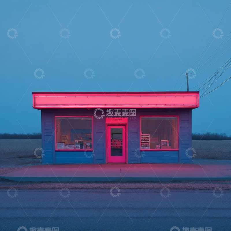 高清大图下载【趣麦麦图】霓虹灯照亮的小型商店