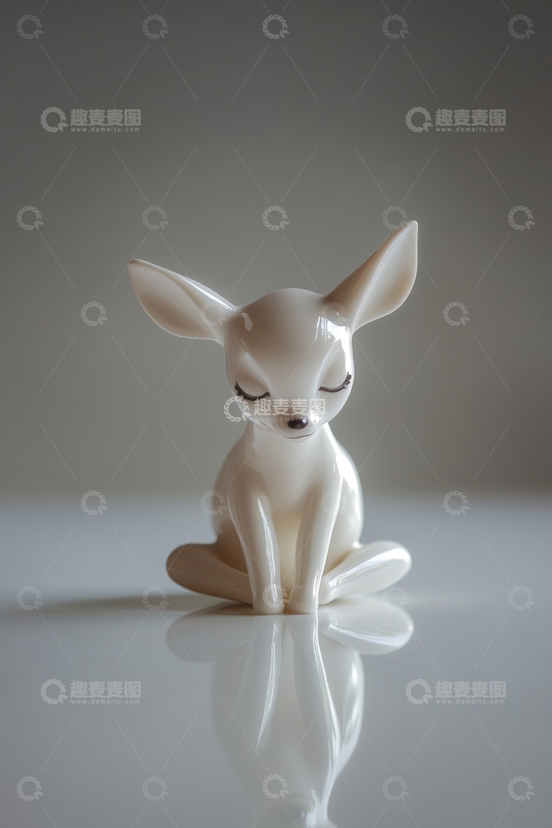 高清大图下载【趣麦麦图】白色陶瓷狐狸雕像静置于光滑表面