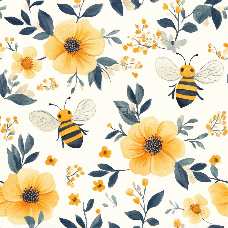 高清大图下载【趣麦麦图】蜜蜂与花朵的无缝图案设计