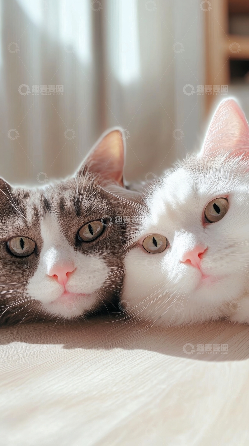 高清大图下载【趣麦麦图】两只猫咪亲密依偎，眼神温柔