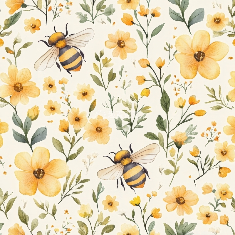 高清大图下载【趣麦麦图】蜜蜂与黄花的自然图案