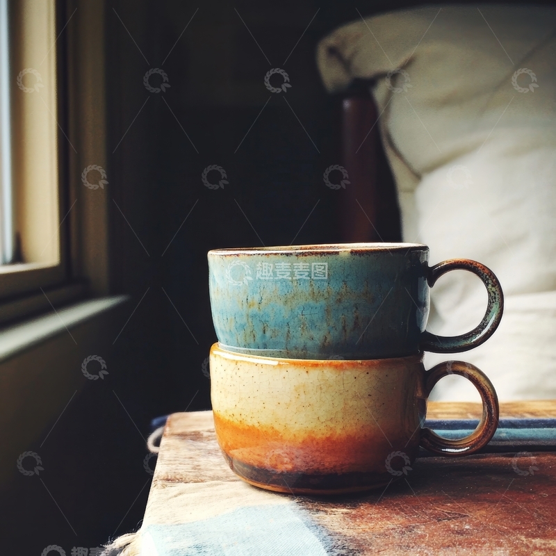 高清大图下载【趣麦麦图】窗边叠放的两杯陶瓷咖啡杯