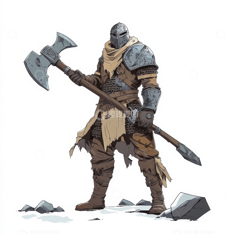 高清大图下载【趣麦麦图】全副武装的骑士手持双斧