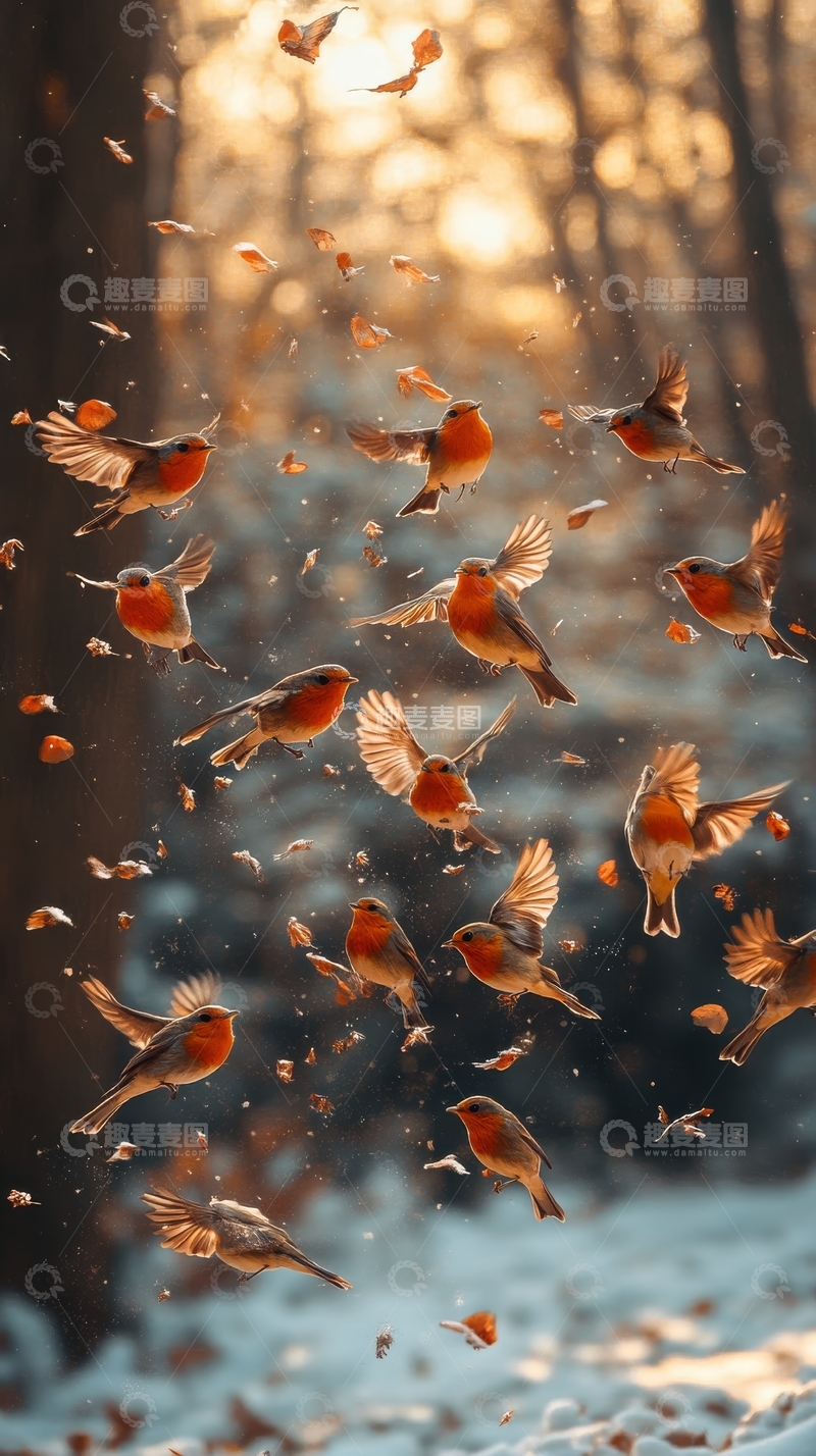 高清大图下载【趣麦麦图】冬日森林中飞翔的小鸟