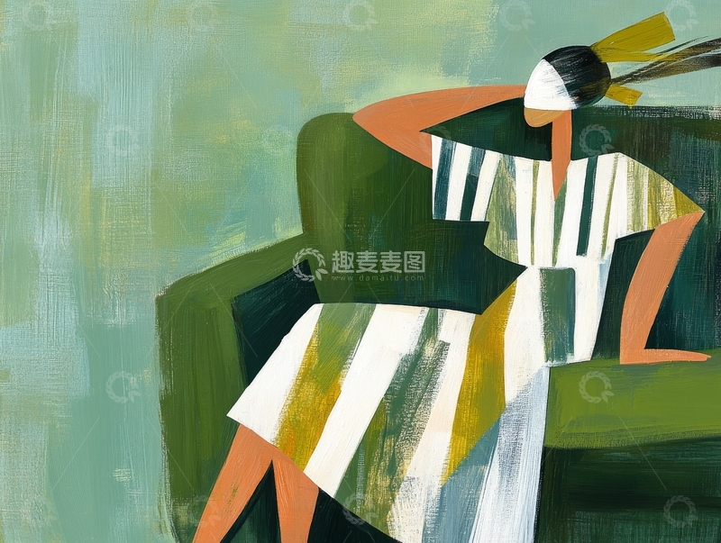 高清大图下载【趣麦麦图】抽象人物坐在绿色沙发上