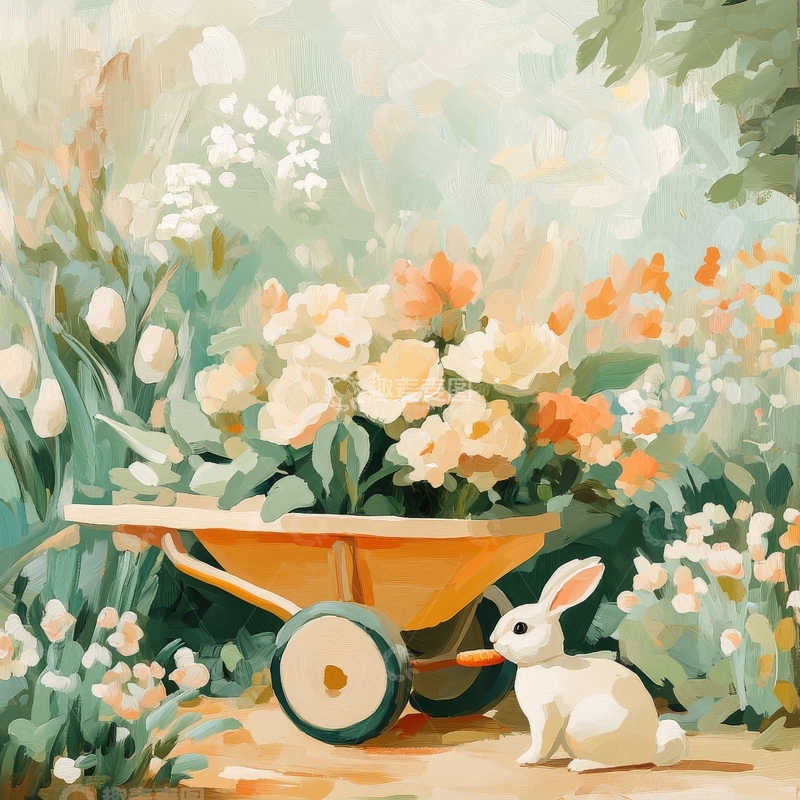 高清大图下载【趣麦麦图】花园中的手推车与小白兔