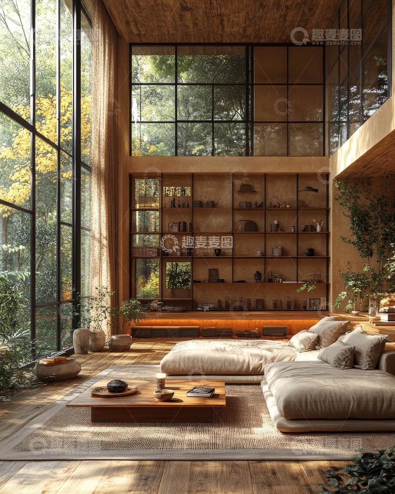 高清大图下载【趣麦麦图】现代木质客厅，落地窗与绿植环绕