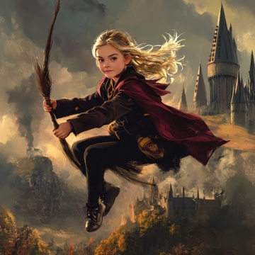 少年骑扫帚飞翔于古堡之上