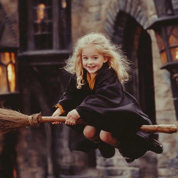 小女孩骑扫帚，身穿黑色斗篷