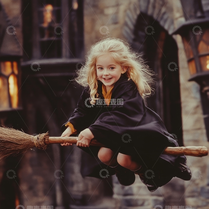 高清大图下载【趣麦麦图】小女孩骑扫帚，身穿黑色斗篷