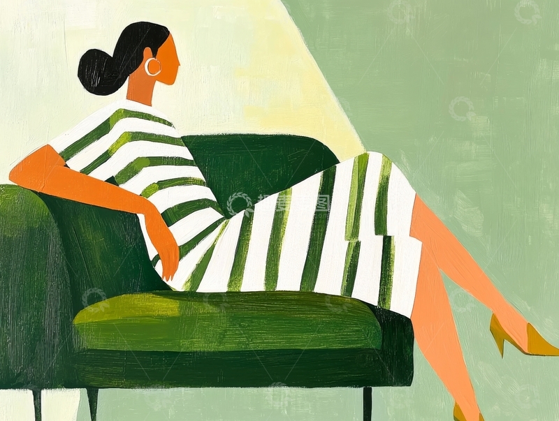 条纹衣女子倚靠沙发