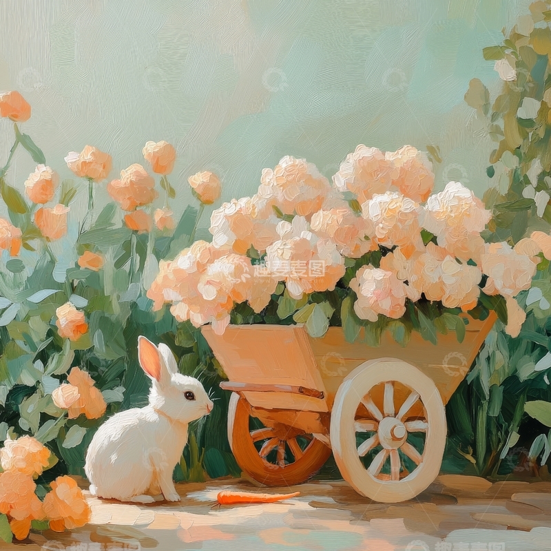 高清大图下载【趣麦麦图】花园中的小白兔与花车