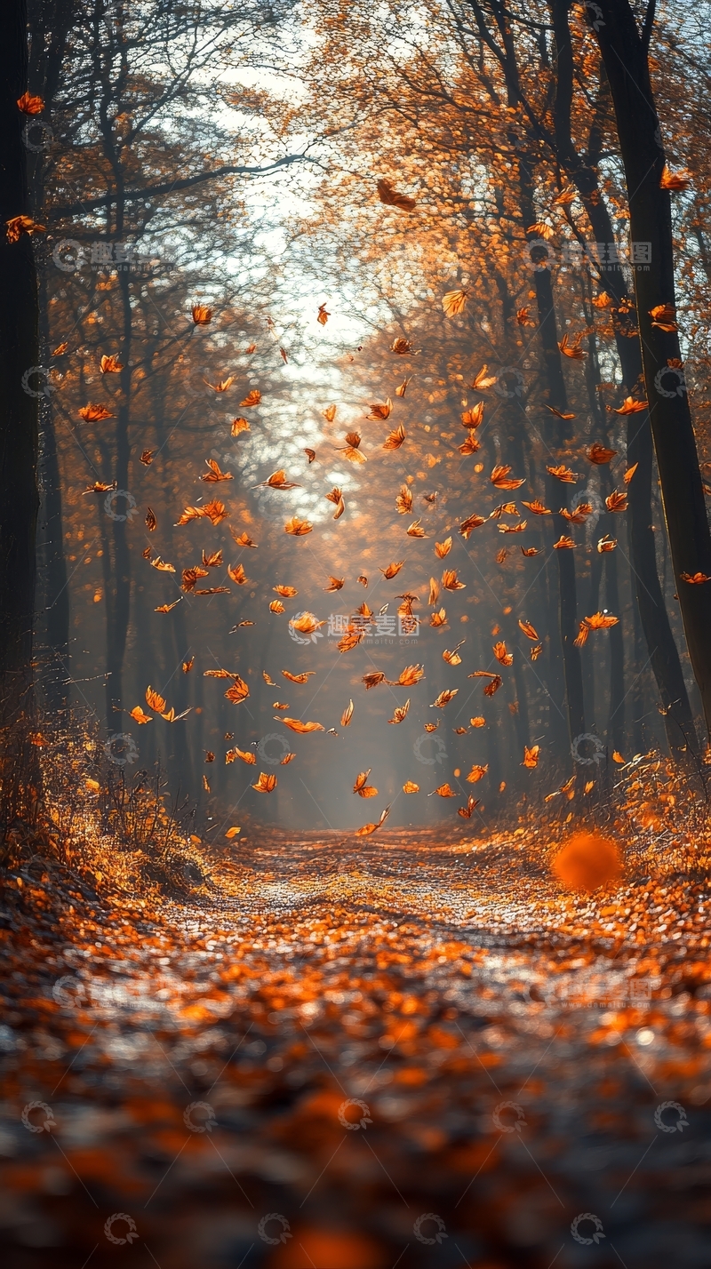 高清大图下载【趣麦麦图】秋日森林小径，落叶纷飞