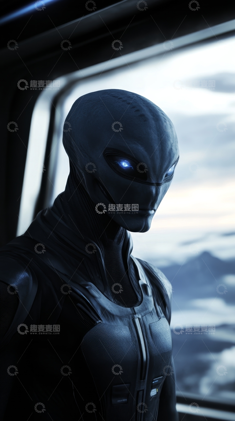 高清大图下载【趣麦麦图】科幻外星人站在窗边凝视远方
