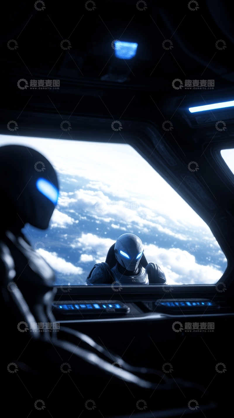 高清大图下载【趣麦麦图】宇航员在太空舱内眺望地球