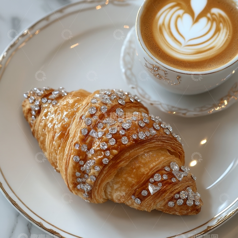 高清大图下载【趣麦麦图】咖啡与撒糖可颂的精致组合