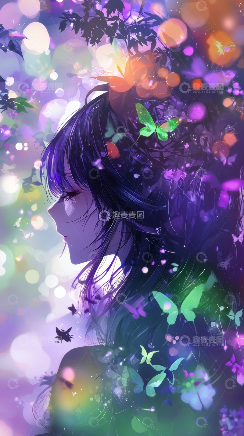 高清大图下载【趣麦麦图】梦幻蝴蝶环绕的少女侧脸
