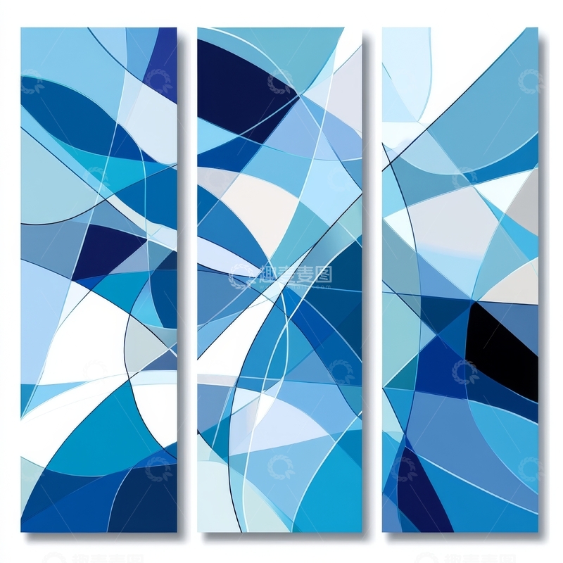 高清大图下载【趣麦麦图】蓝色抽象几何三联画