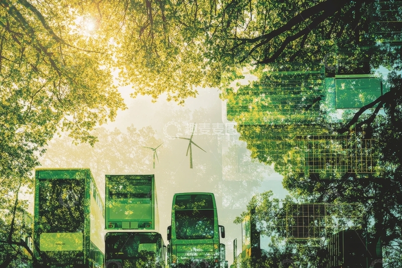 高清大图下载【趣麦麦图】绿色公交与自然融合的生态景象