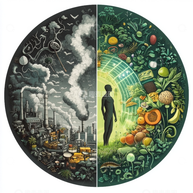 高清大图下载【趣麦麦图】工业污染与自然繁荣的对比