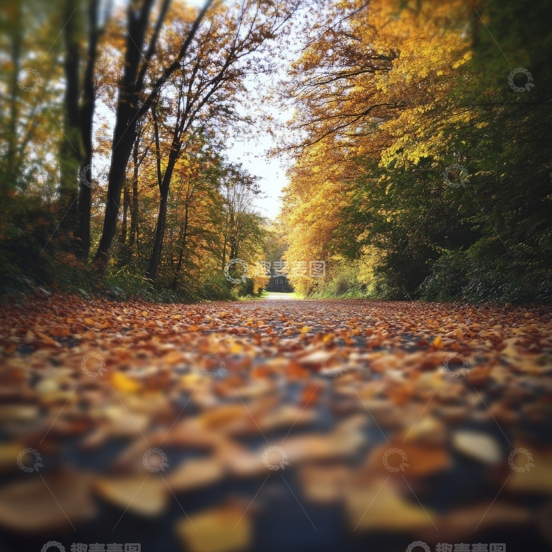 高清大图下载【趣麦麦图】秋日林间小径落叶铺满