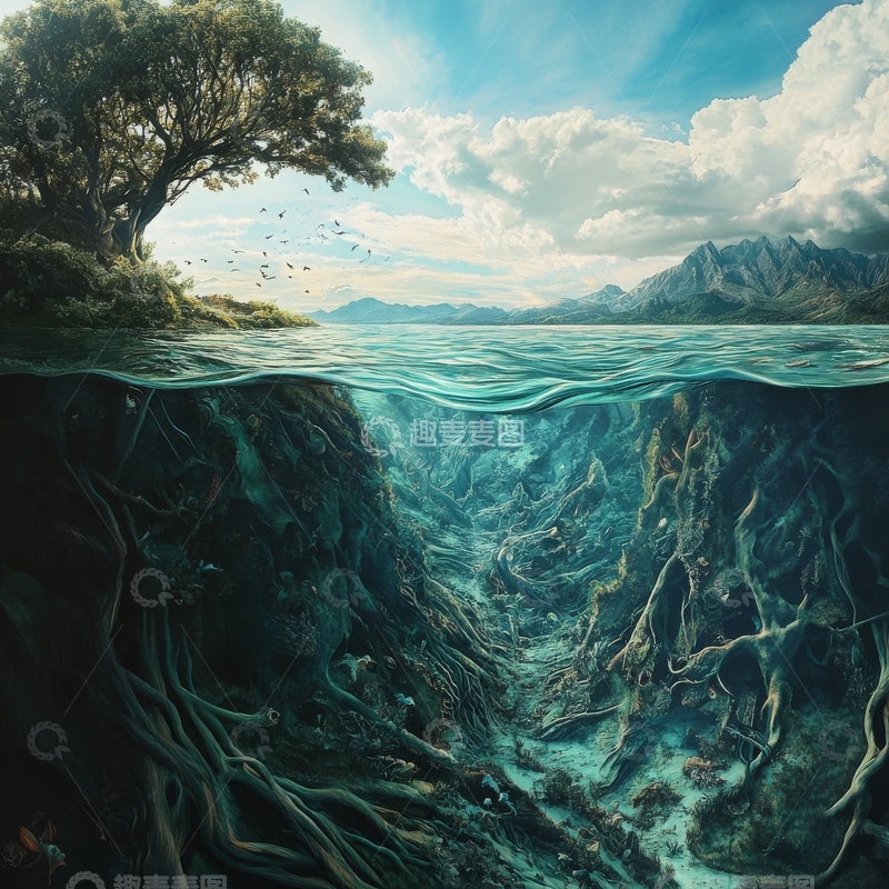 高清大图下载【趣麦麦图】水下森林与山景的奇幻交融