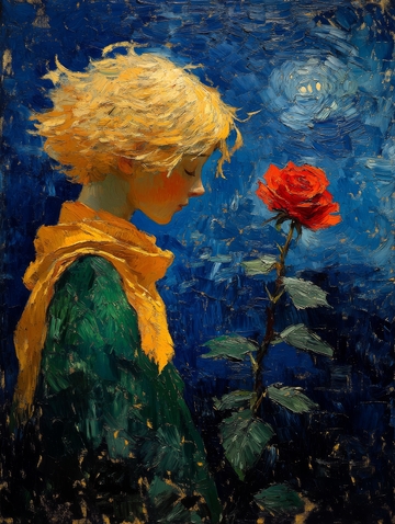 金发少女凝视红玫瑰