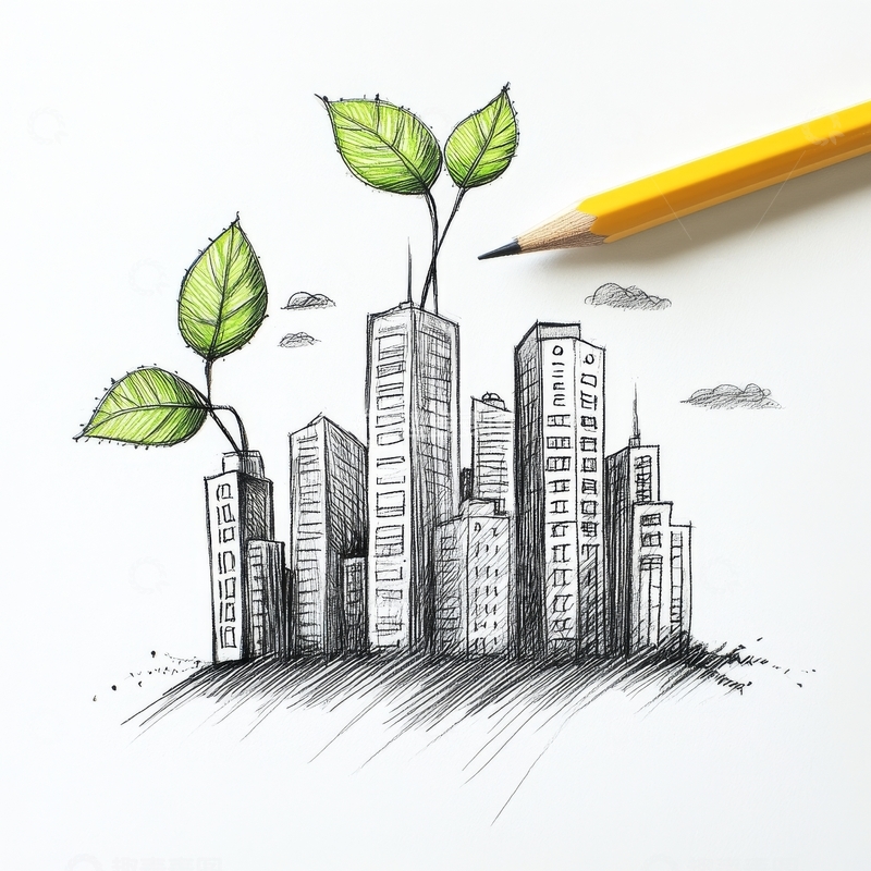 高清大图下载【趣麦麦图】城市与绿叶共生的铅笔画