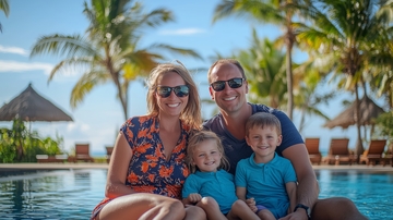 一家四口在泳池边微笑合影