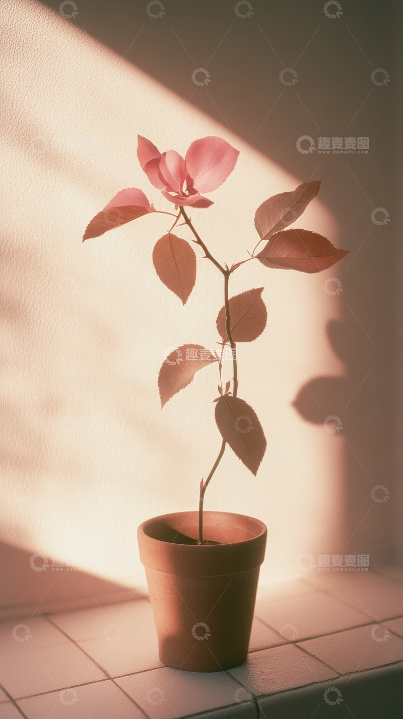 高清大图下载【趣麦麦图】窗边光影中的粉色花朵