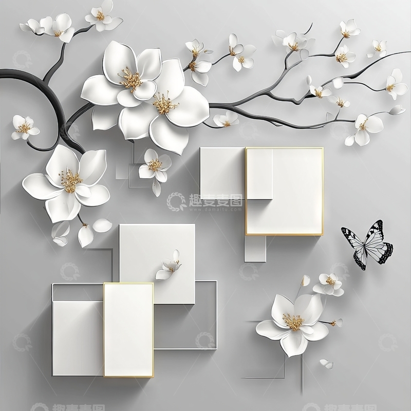 高清大图下载【趣麦麦图】立体花卉与几何方块艺术组合