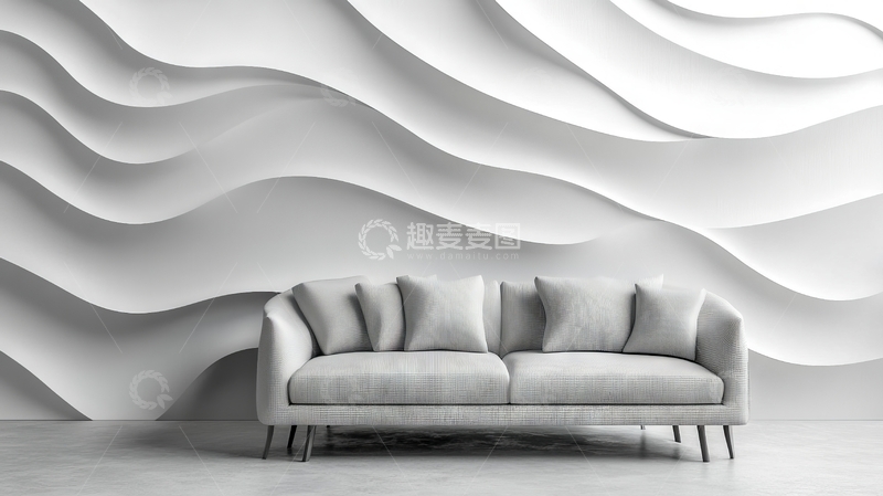高清大图下载【趣麦麦图】现代简约客厅，波浪形背景墙与灰色沙发