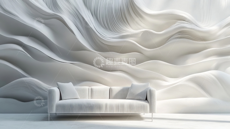高清大图下载【趣麦麦图】现代简约客厅，波浪纹理背景墙