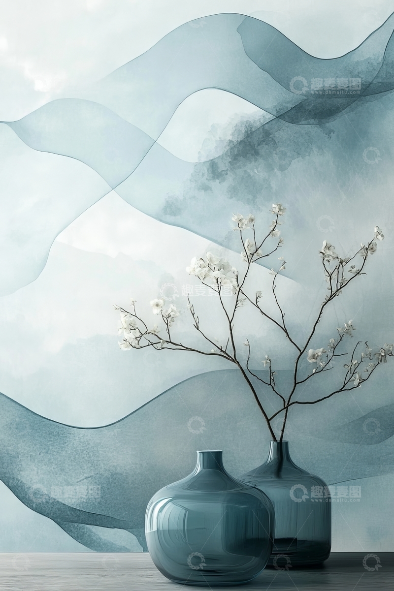 高清大图下载【趣麦麦图】蓝调花瓶与枝条的静谧艺术