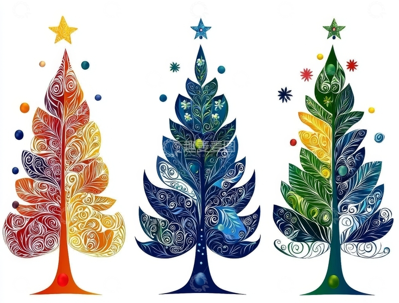 高清大图下载【趣麦麦图】三棵色彩斑斓的抽象圣诞树