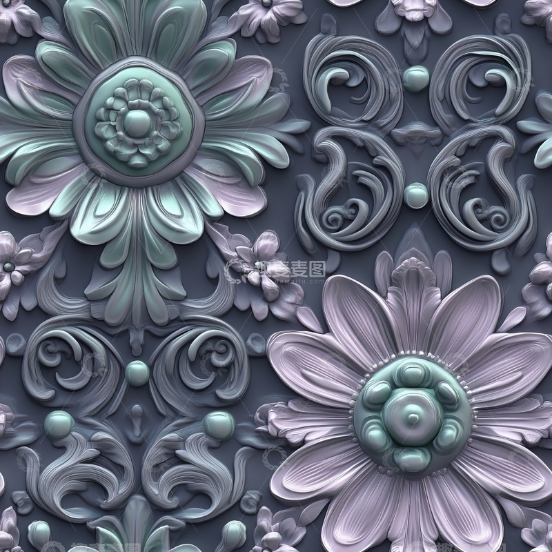 高清大图下载【趣麦麦图】立体花卉与卷草纹装饰图案