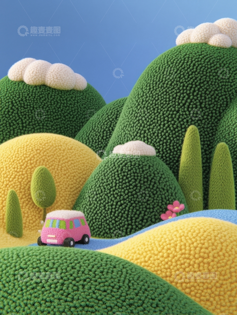 高清大图下载【趣麦麦图】卡通风格的山丘与小车