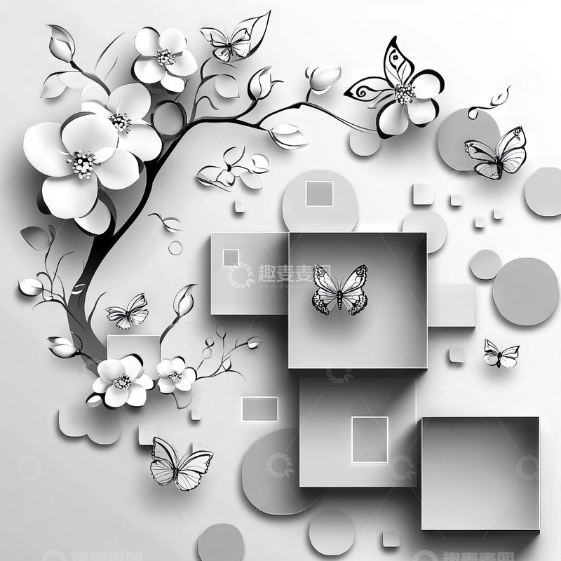 高清大图下载【趣麦麦图】立体花朵与蝴蝶的抽象艺术设计