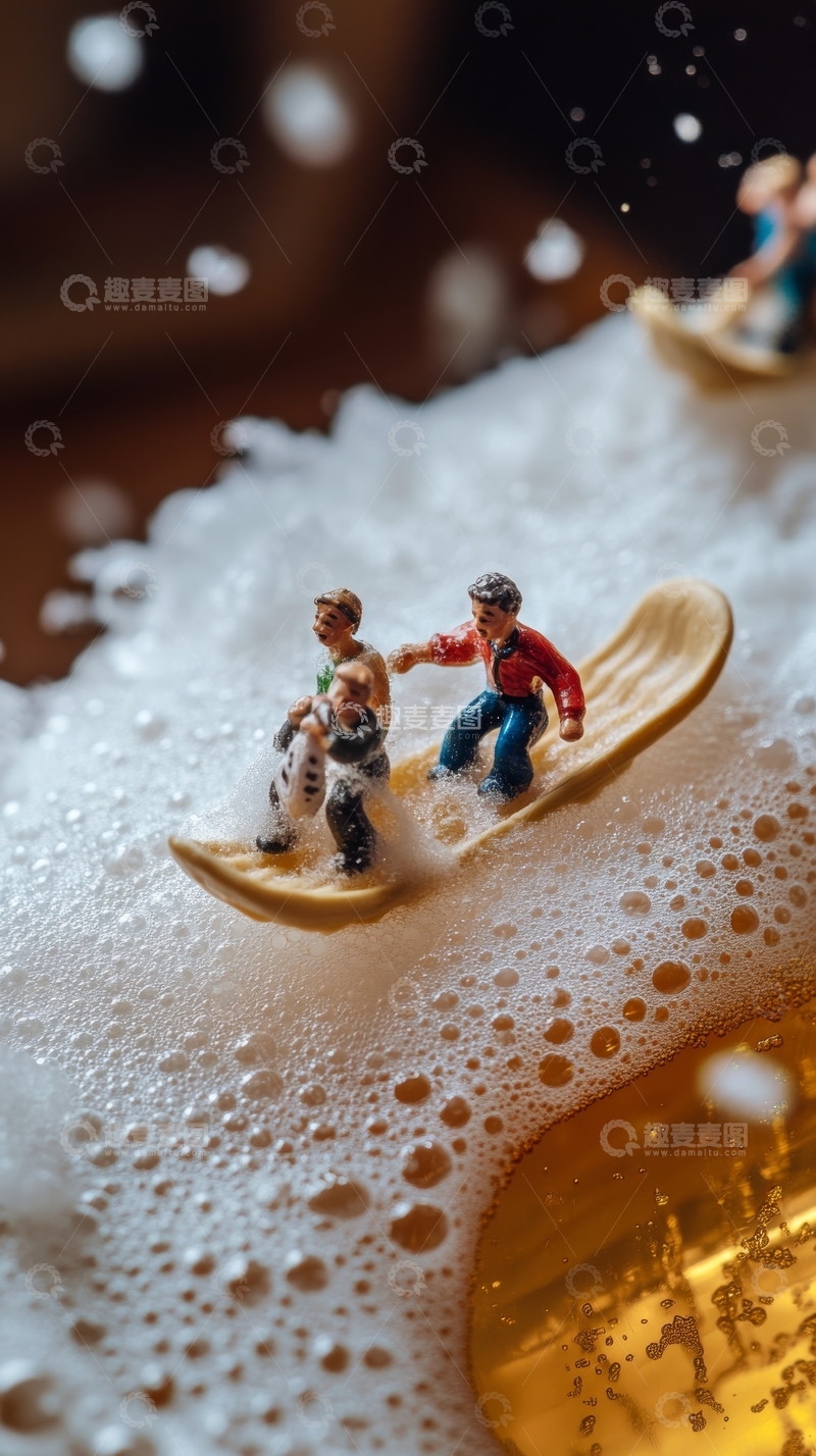高清大图下载【趣麦麦图】泡沫上的微型人物滑雪场景